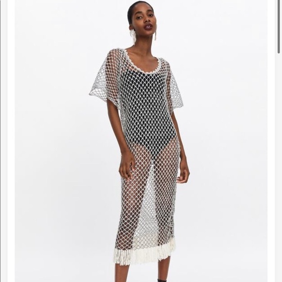 New! Zara large sparkly knit tunic/ dress/ cover up with fringes. - Picture 4 of 12